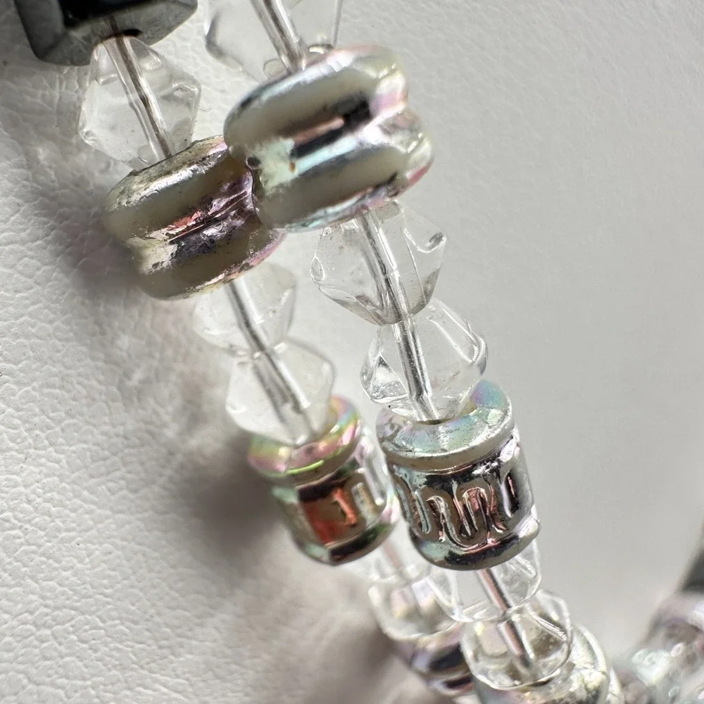 Vintage‎ 90s Silver Tone Clear Glass & Hematite Beaded Necklace Women's Jewelry
